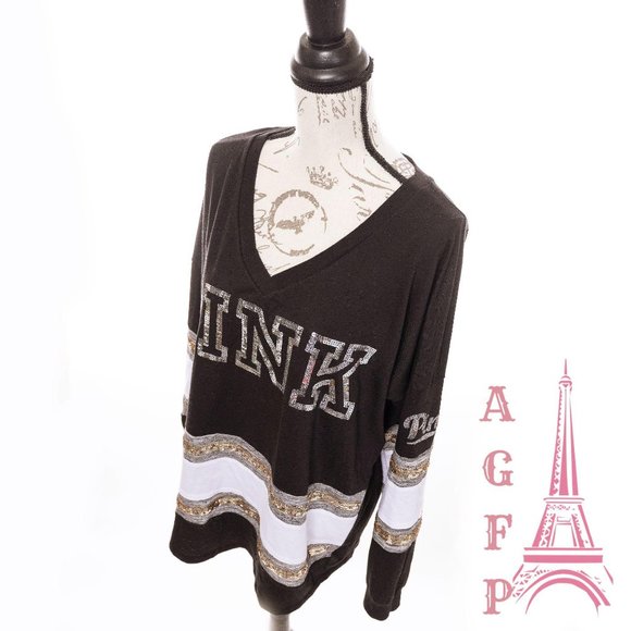 PINK VS bling Logo sequin Varsity black V neck Top - Picture 8 of 10